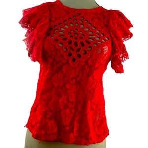Free People Lace Blouse Frill Short Sleeve Red